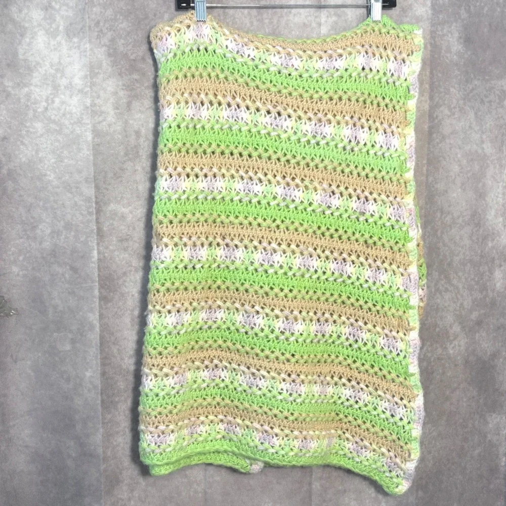Vintage 1980s Handmade Crochet Blanket Green Purple Tan 110x76 Softt